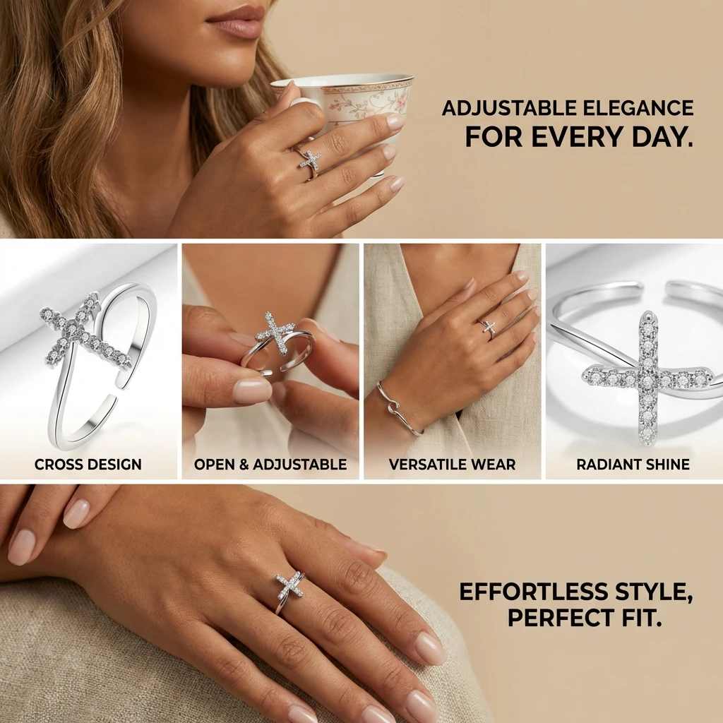 Zierlicher Funkelnder Zirkon-Kreuzring für Frauen Silberfarben Verstellbarer Offener Fingerring 2026 Trend Party-Schmuck Beste Freundin Geschenk – Detail 3