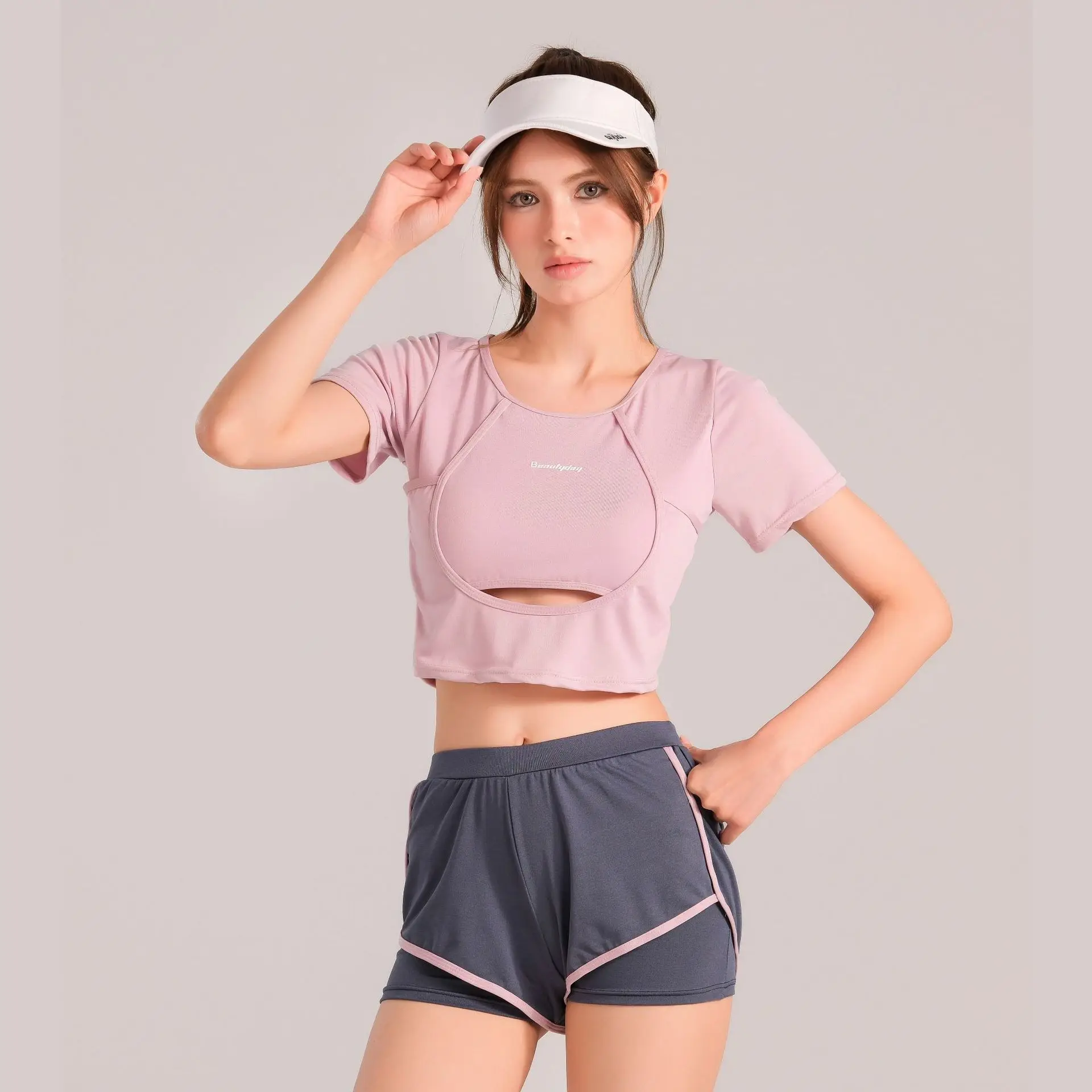 

Summer Solid-Color Sporty Style Women's Split Swimsuit Elasticity Quick-Drying T-Shirt Shorts Two-Piece Swimwear Set