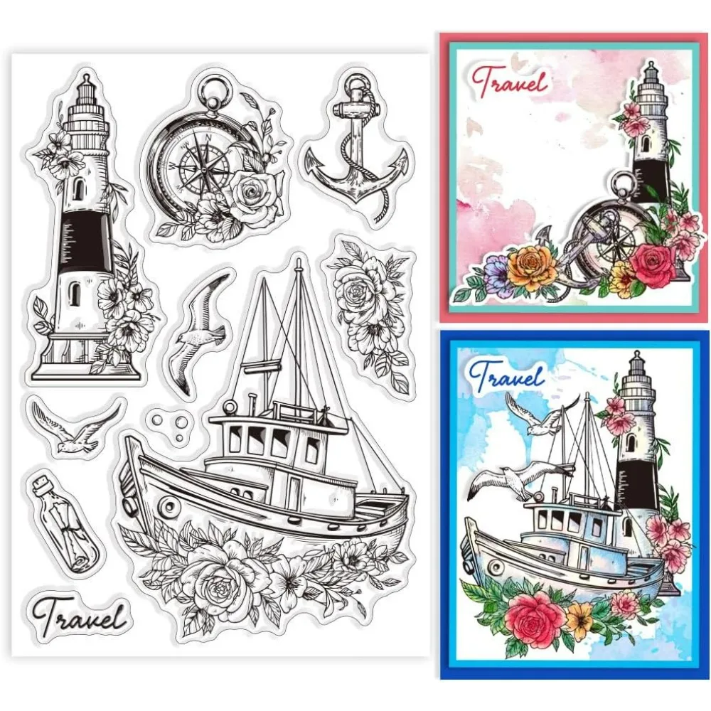 Sea Lighthouse Ship Clear Stamps for DIY Scrapbooking Compass Silicone Stamp Seals Flowers Transparent Stamps for Cards Making