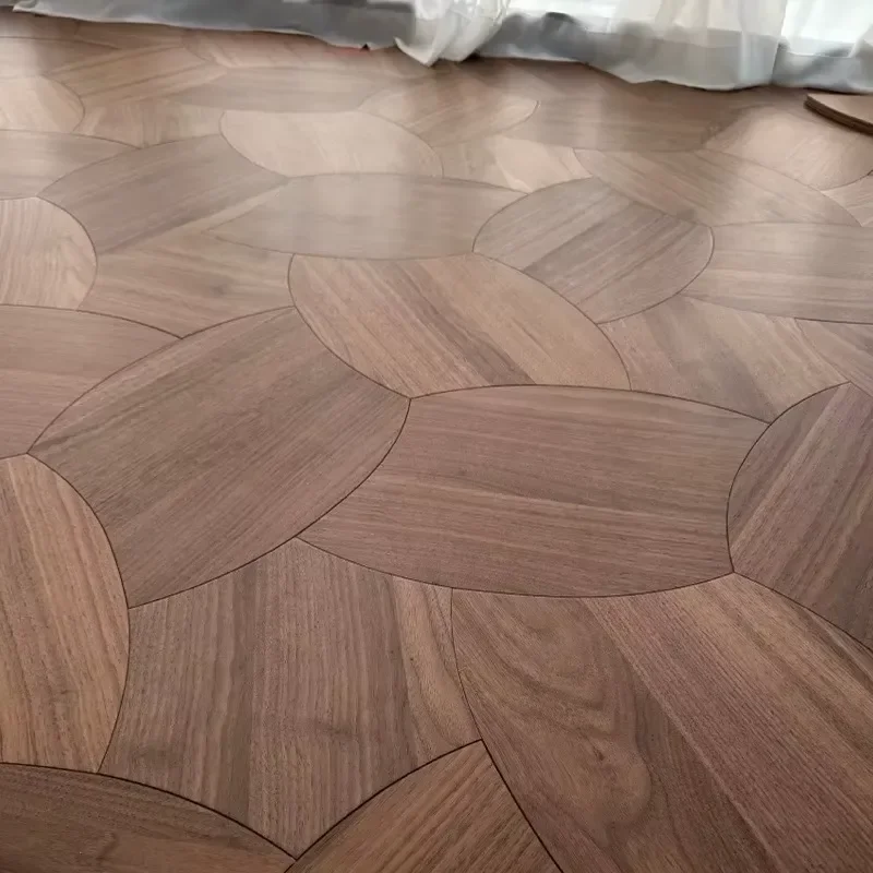 Alien Pattern Inlaid Solid Wood Composite Flooring Baby-Friendly Black Walnut Lotus-Shaped Artistic Inlay Wooden Timber
