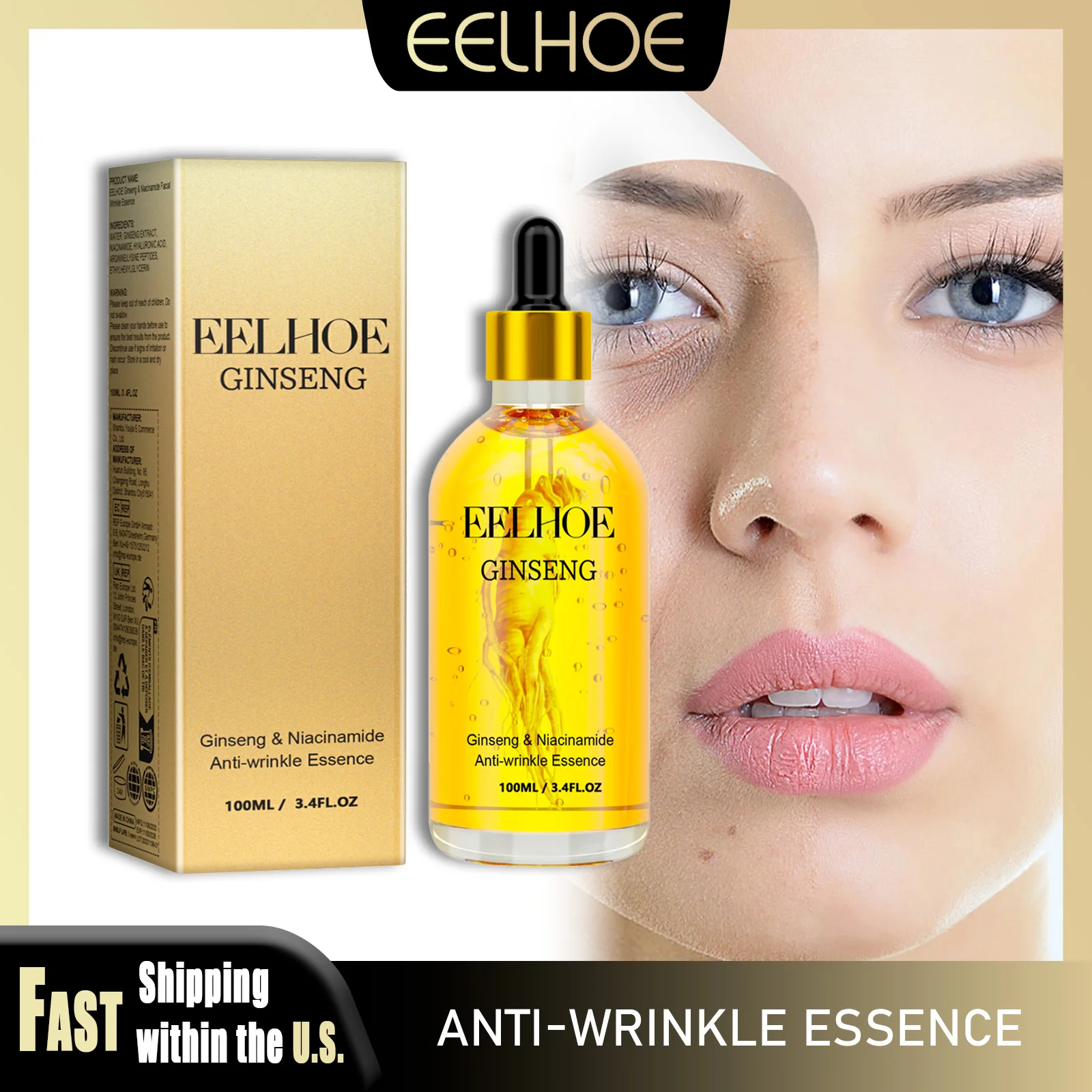 EELHOE Ginseng Essence 100ml Polypeptide Moisturizing Anti Wrinkle Nourishing Skin Whitening Reduce Fine Lines for All Skin Type