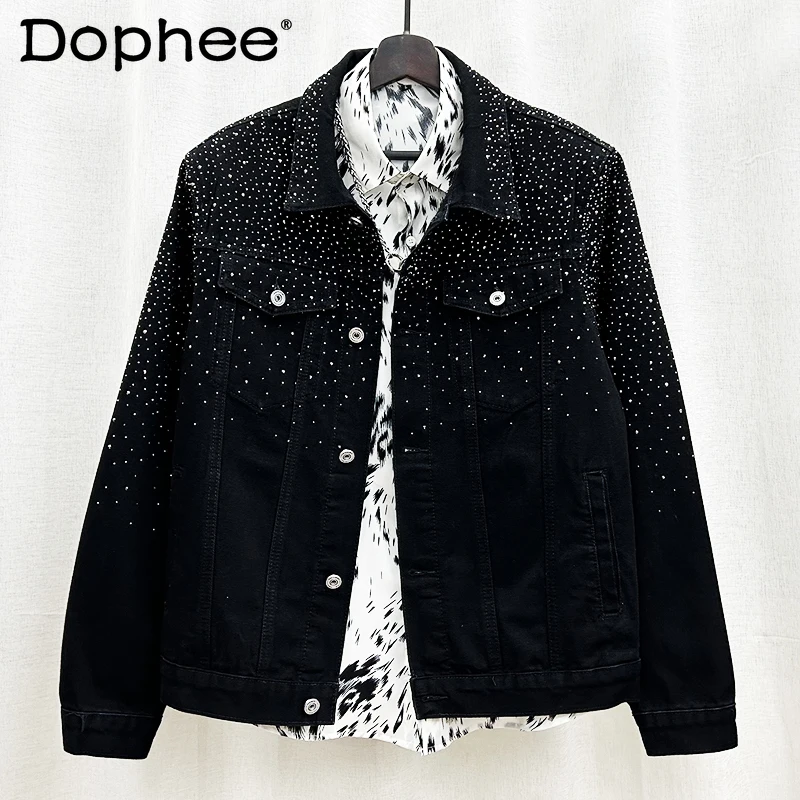 

New Trendy Rhinestone Design Top Single Row Multi-Buckle Denim Jackets Men's Loose Handsome Male Long Sleeve Denim Clothes Coats