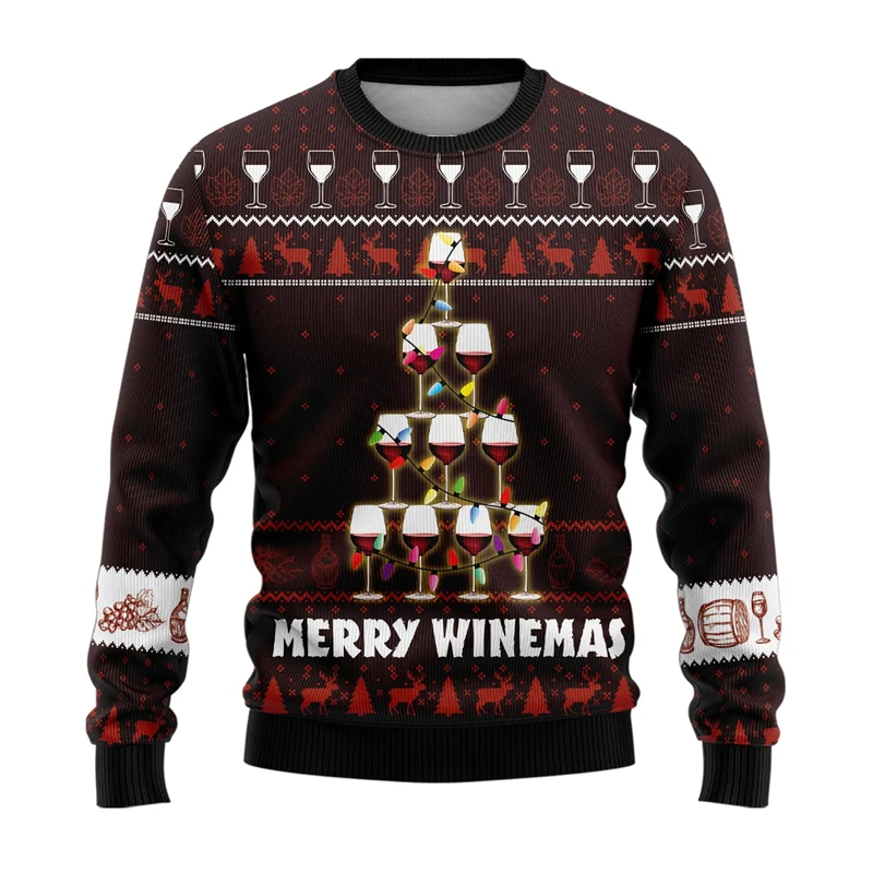 

3D Printed Wine Glass Crewneck Sweatshirt for Men Casual Ugly Christmas Sweater Bar Party Tracksuit Comfortable Men's Pullover