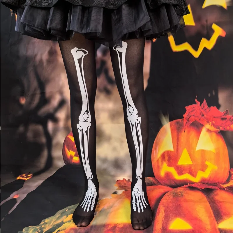 Harajuku Style Personalized Halloween Bone Skeleton Pantyhose Female Printed Black Silk Slim Disco Dancing JK Tights Women