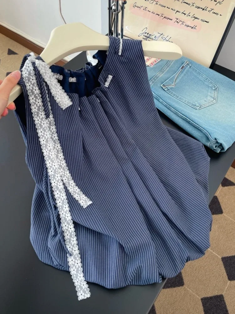 

Loose Striped Sleeveless Shirt Women's Summer Fashion Doll Vest Bloomer Top Korean Style round Neck Regular Length Citywalk