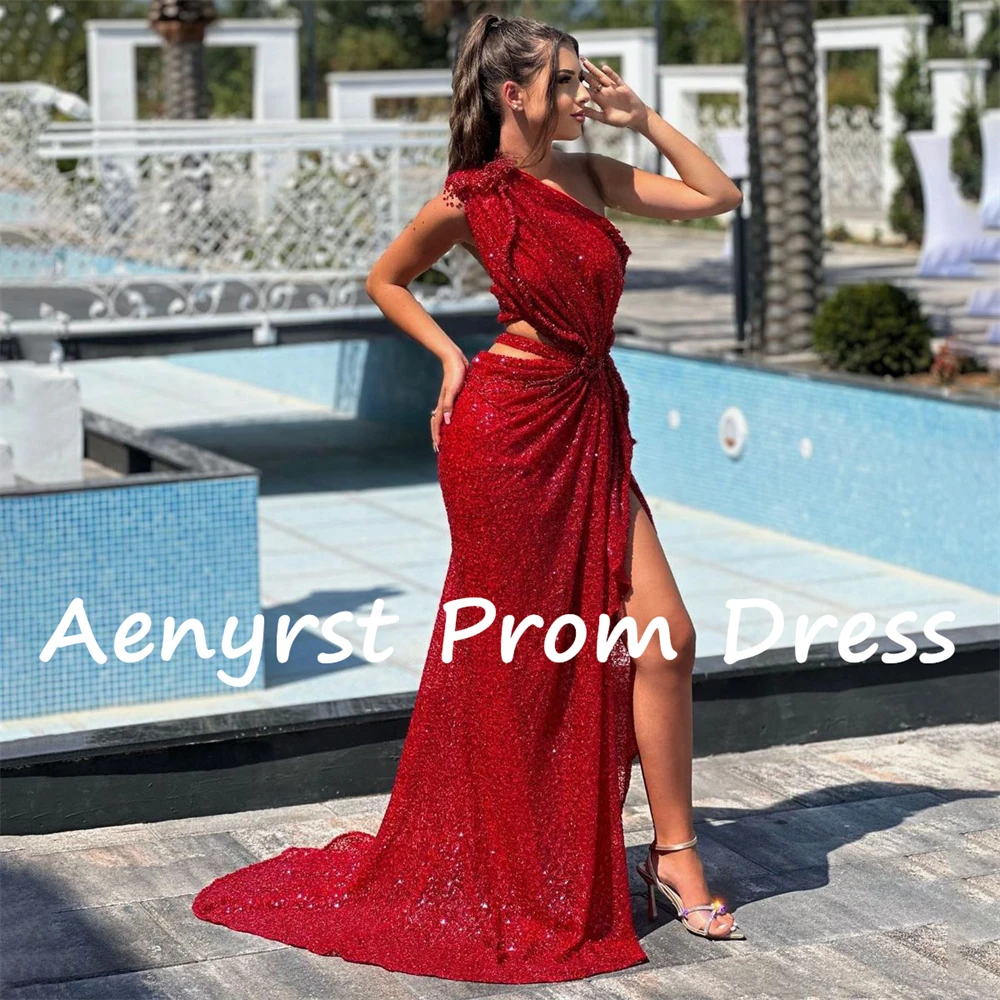 Aenyrst Red Shiny Sequined One Shoulder Saudi Evening Dresses Mermaid Side High Split Prom Dress Floor Length Dinner Party Gowns