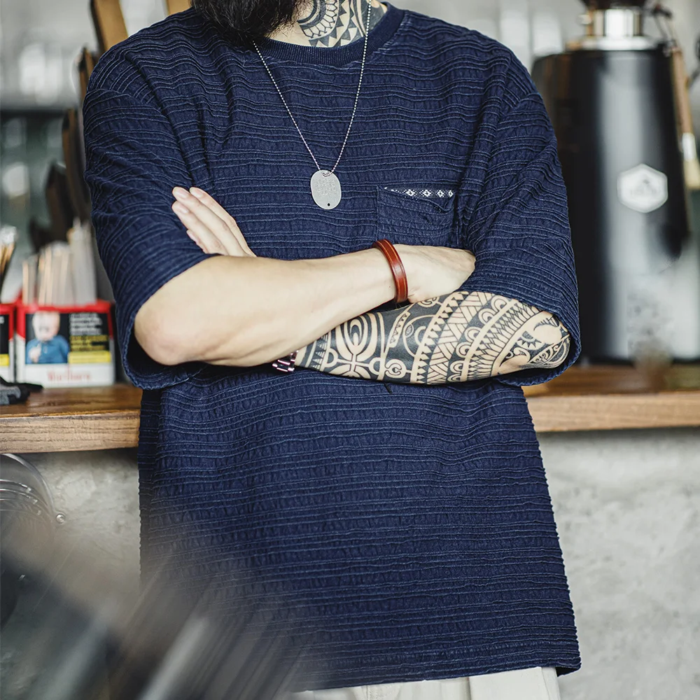 Maden Retro Knitted Jacquard Navy Blue T-shirt with Wavy Texture Loose Short-sleeved Round Neck Tee for Men's Summer Tops
