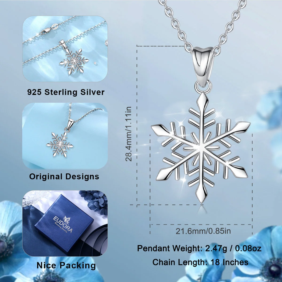 Eudora 925 Sterling Silver Snowflake Pendant Simple Winter Necklace Christmas Jewelry Holiday Gift for Women Girls
