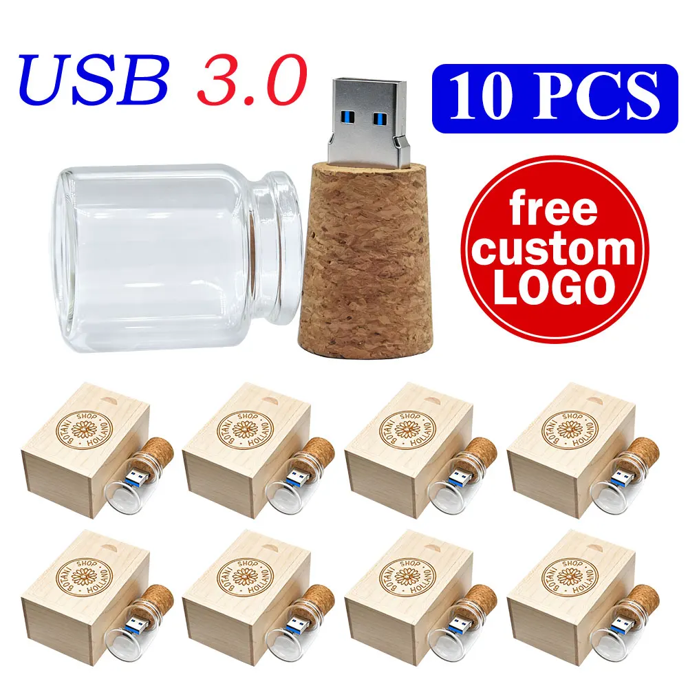 10pcs New arrival messenger bottle usb 3.0 memory stick glass drift bottle usb flash drives wooden cork pendrive 16GB 32GB 64GB