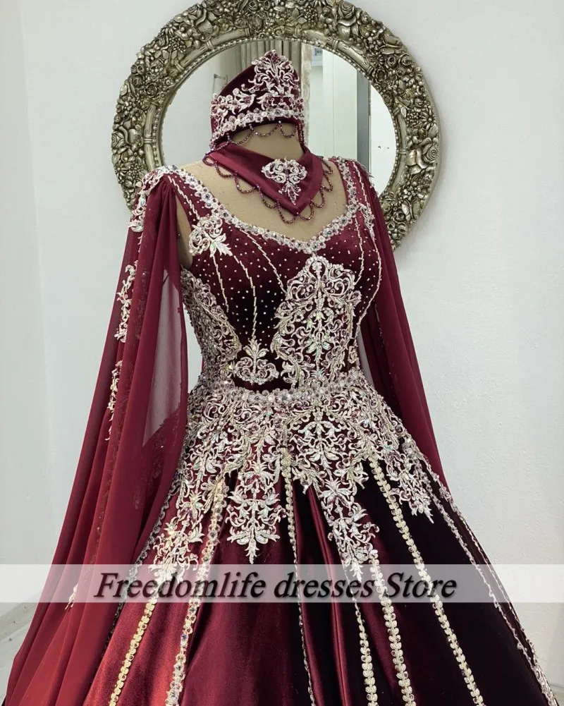 Tradicional caftan borgonha vestidos de noite renda applqiue formal marocain vestidos de festa 2025 vestido de baile robe de mariage personalizado