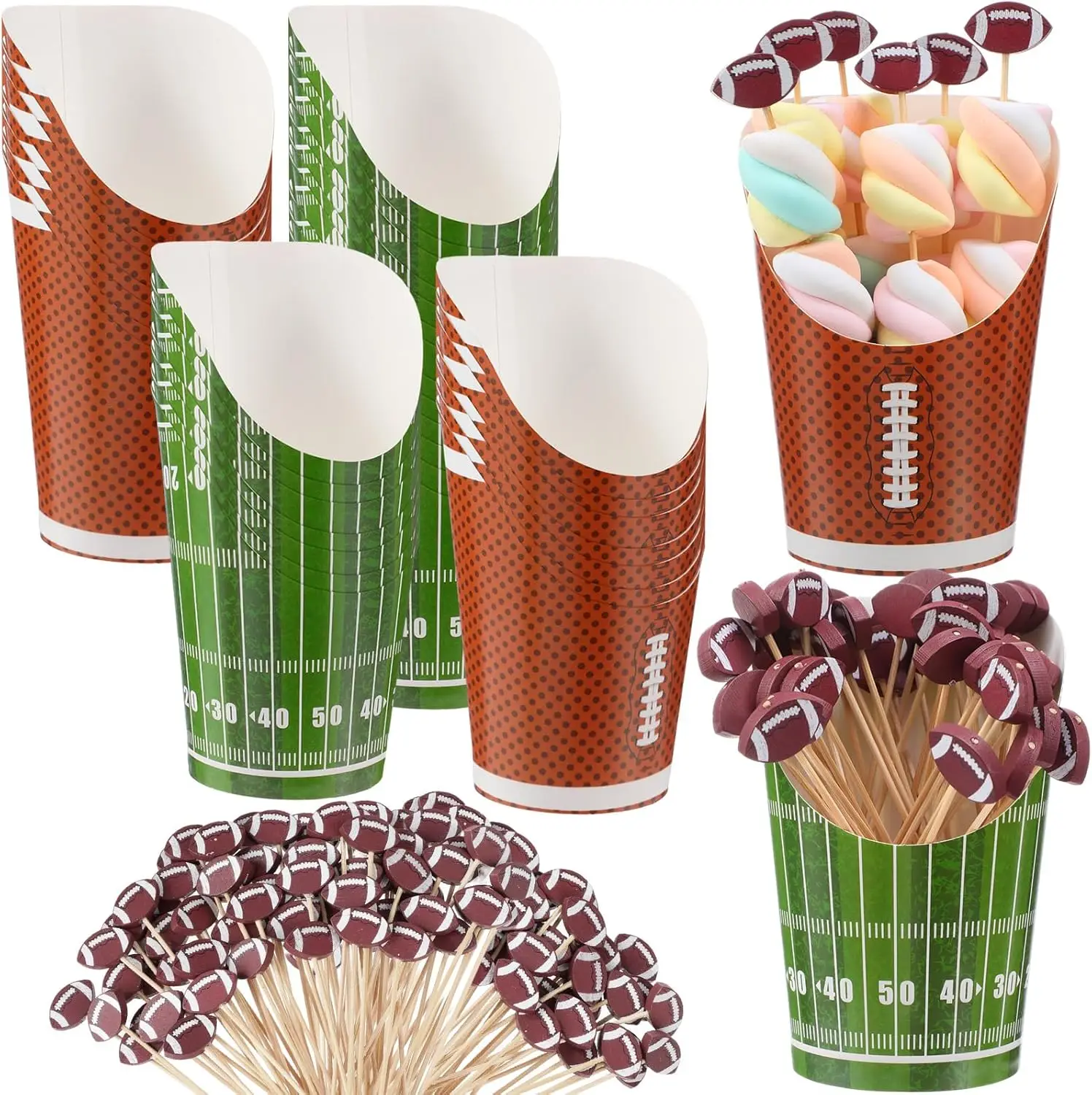 

300 Pcs Football Charcuterie Cups Rugby Paper Appetizer Cups with Football Cocktail Picks Disposable Party Snack Bowls w