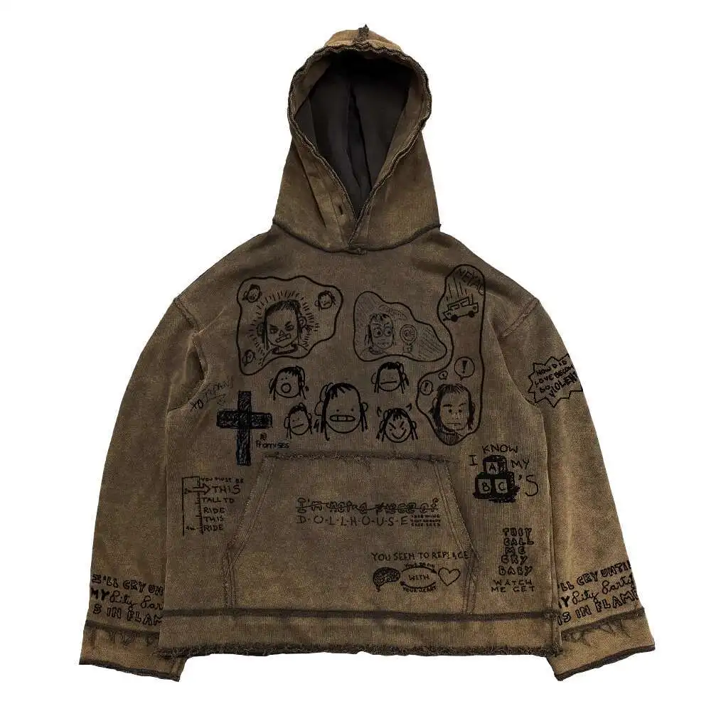 Man Hoodies 2025 Vintage Full Body Graffiti High-end Distressed Washed Destroyed Hooded Sweatshirt