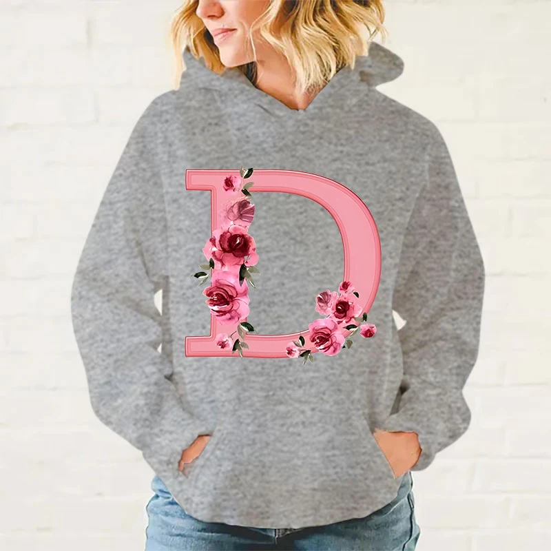 New Flower Alphabet D Hoodies Women Girl Long Sleeve Sweatshirt Female Casual Loose Hoodies Fashion Pullovers Tops