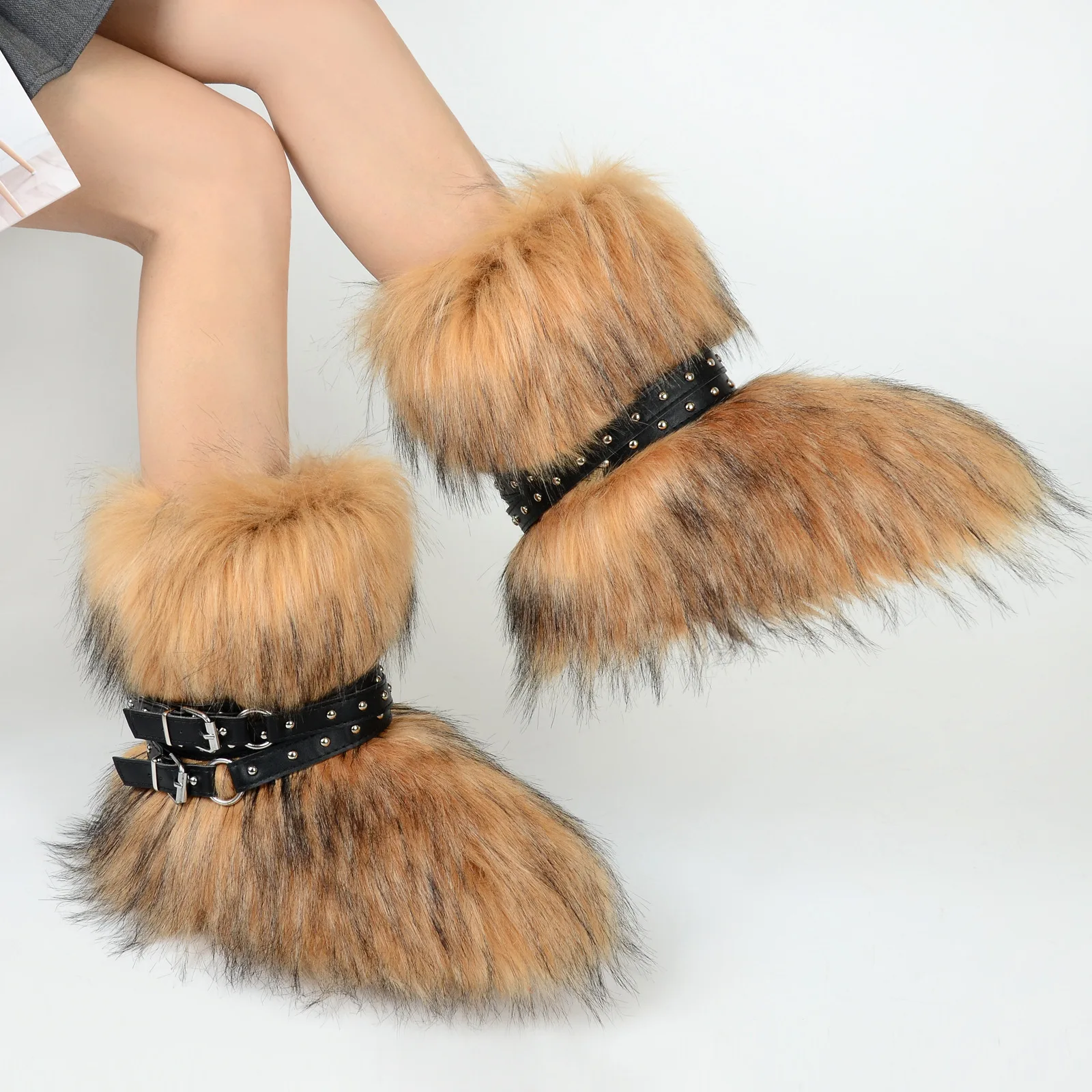 

2025 New Women's Plush Fur Snow Boots Cross Belt Warm Fashionable Trendy High Tube Rubber Outsole Winter Shoes Polyester