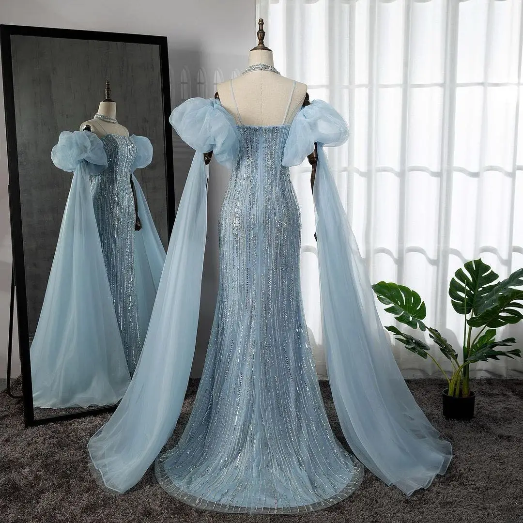 SERENE HILL Arabic Blue Luxury Beaded Mermaid Evening Dress 2025 Strapless Detachable Sleeves Women Wedding Party Gown CLA71823