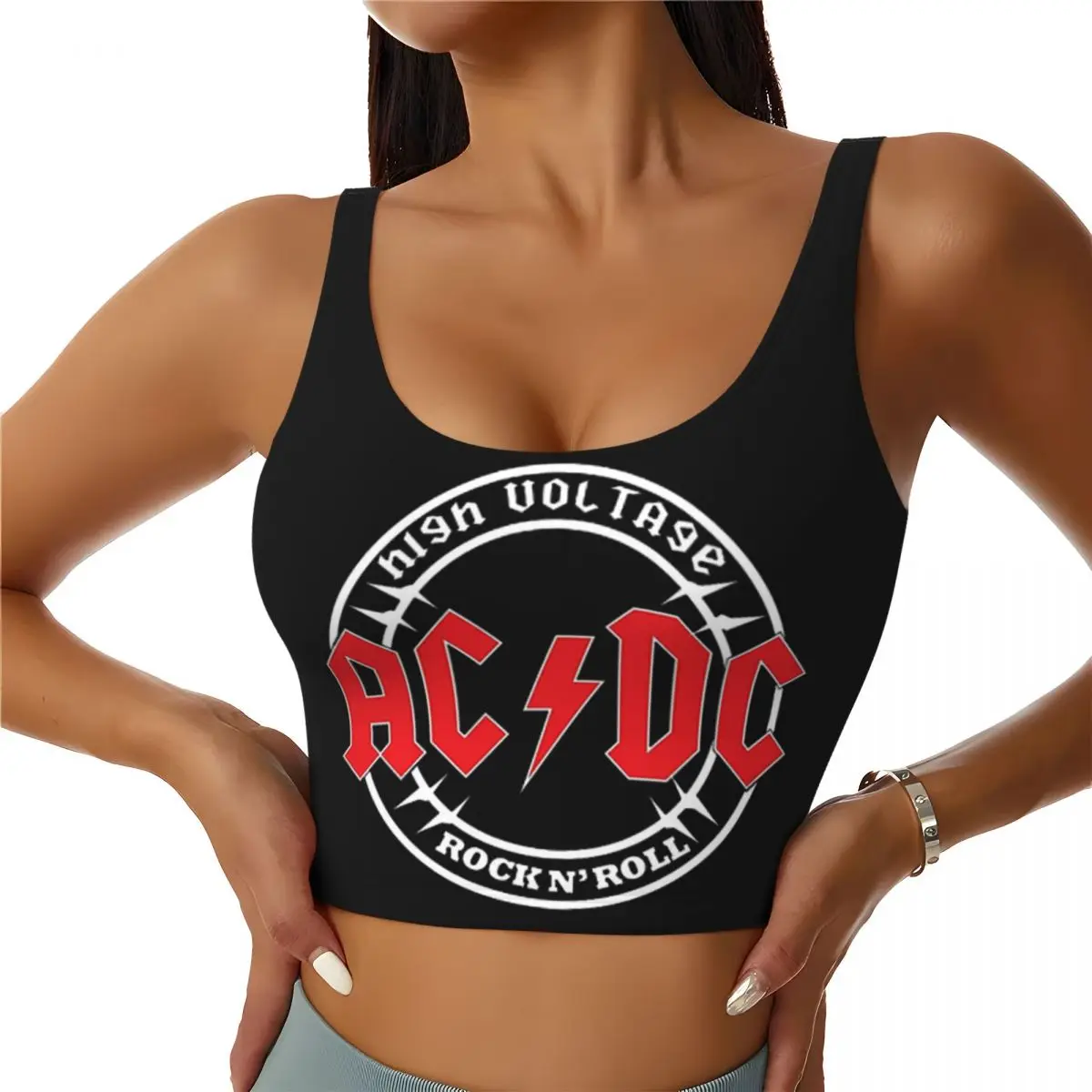 Custom Vintage Rock AC /DC Workout Crop Tank Tops Women Heavy Metal Music Band Yoga Sports Bras