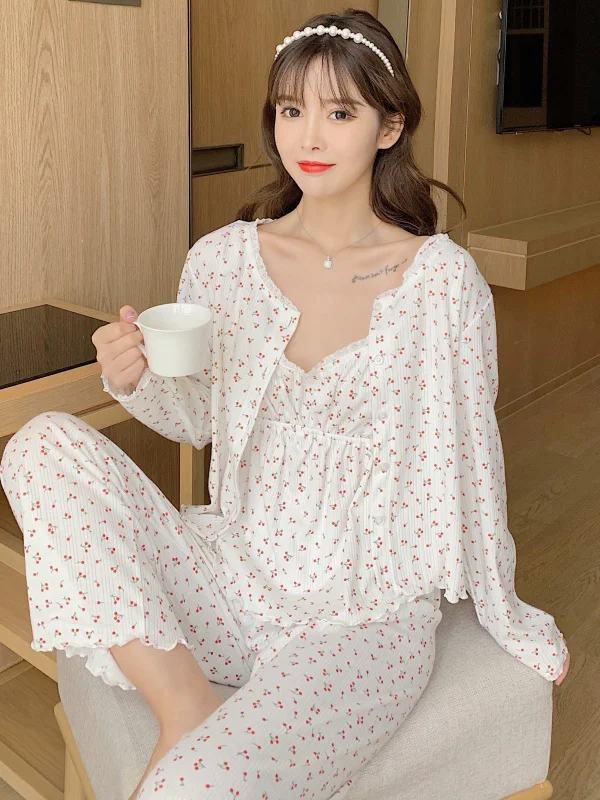 Pure Cotton Sleepwear Set Women's Spring Autumn Long Sleeve Pants Three Piece Set Cardigan Sexy Thin Summer Home Clothes