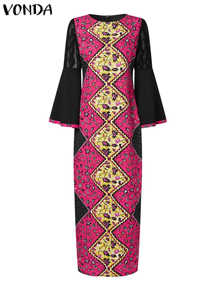 

Plus Size 5XL VONDA 2025 Women Print Maxi Dress Summer Fashion Elegant Lace Patchwork Flare Sleeve Party Sundress Loose Vestido