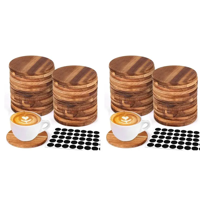 B97A-52 Pieces Unfinished Wood Coasters, 4 Inch Round Acacia-Wooden Coasters For Crafts With Non-Slip Silicon Dots
