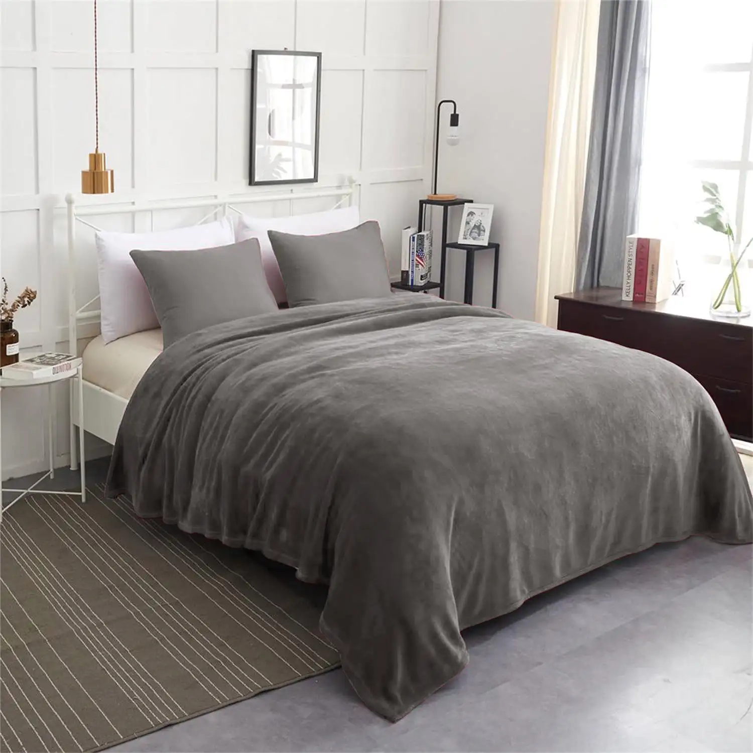 

All-Season Lightweight Warm Fleece Bed Blanket, Gray, Queen