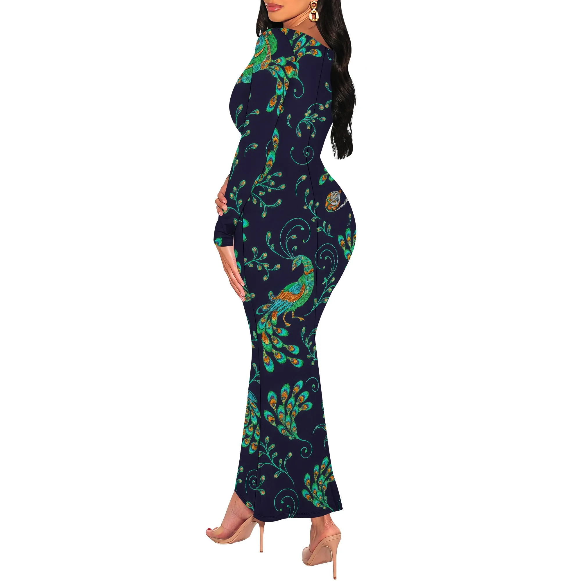 Abito lungo da donna con stampa floreale Abito lungo casual con scollo quadrato di base Abito aderente aderente da club per feste a maniche lunghe morbido e aderente