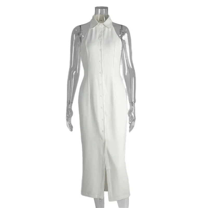 Abito maxi con spacco minimalista alla moda Nuovo abito camicia senza maniche estivo con colletto a tacca Abito elegante monopetto da donna chic