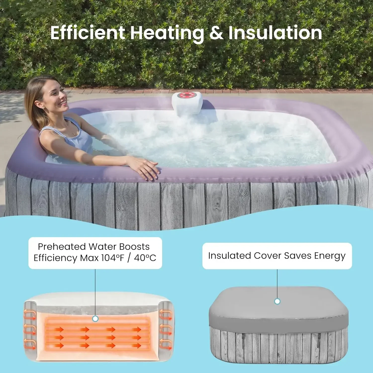 Portable Outdoor Spa Four To Six Person Inflatable Hot Tub Square Pvc Blow Up Tub With 130 Air Jets Circulation Heating Filter S