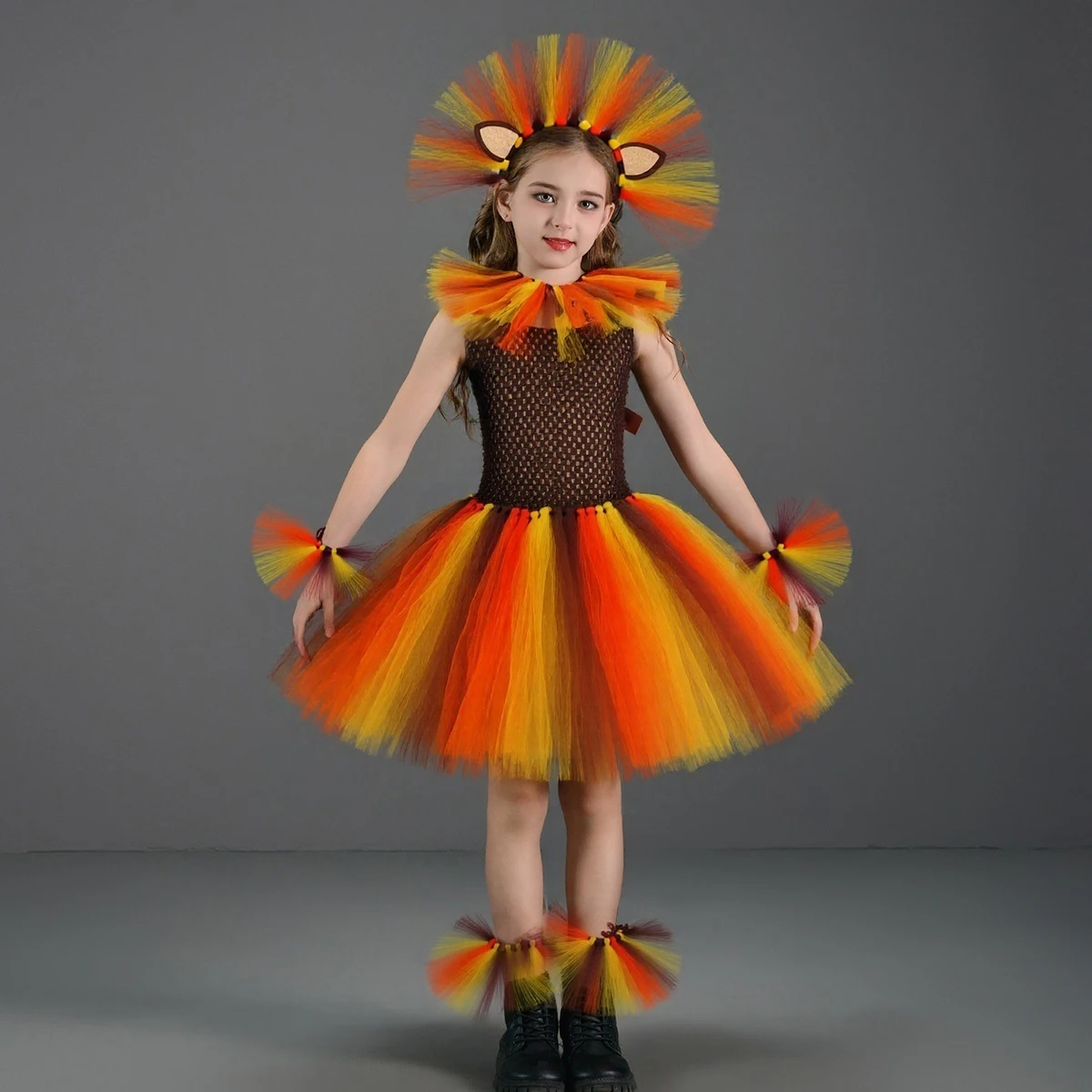 Jungle Safari Animals Lion Tutu Dresses for Girls Christmas Halloween Costume with Mane Headpiece Kids Birthday Carnival Outfit