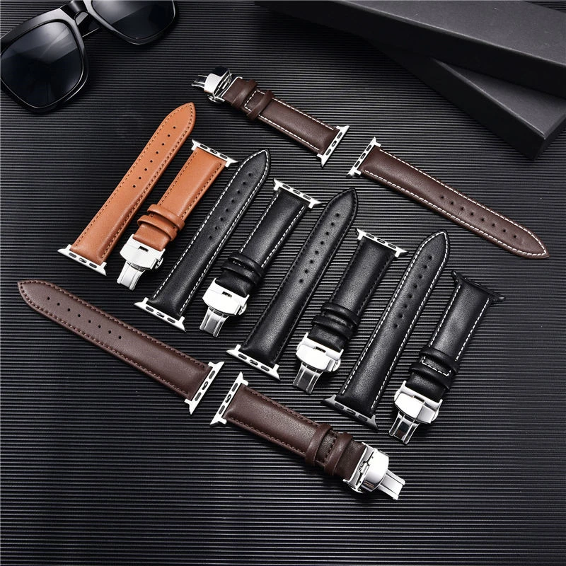 Casual Leather Watch Straps for Apple Watch Ultra 8 7 6 SE 5 4 3 Butterfly Steel Buckle Watchband 38/40/41mm 42/44/45/49mm