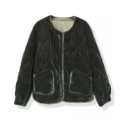 Fashion O-neck Retro Cotton Jacket Women Casual Pocket Green Velvet Coat Winter Long Sleeve Loose Warm Womens Clothing
