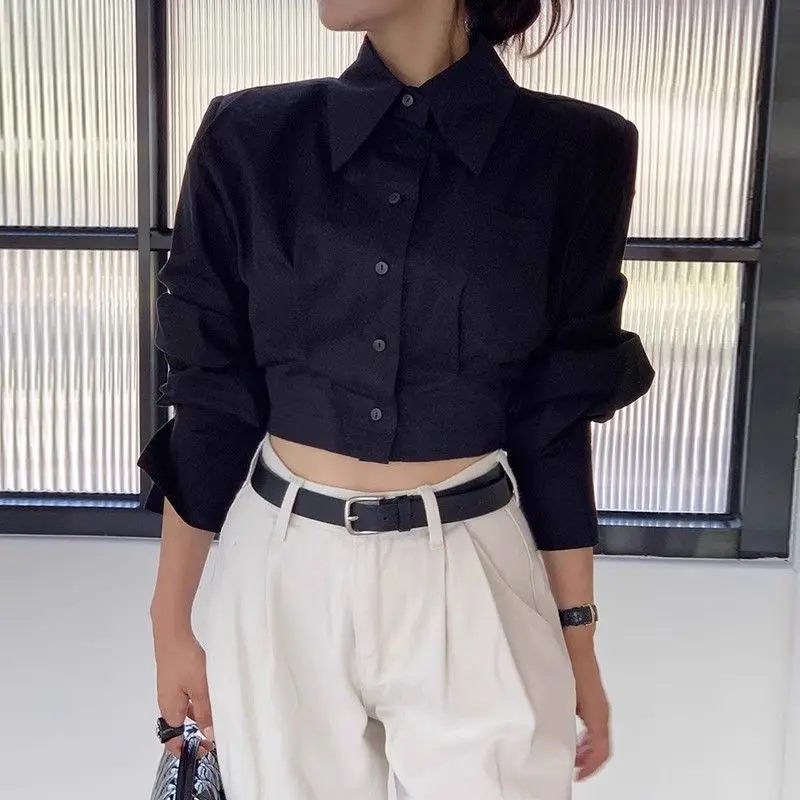 Autumn Niche Design Sense Lapel Back Hollow Strap Buckle Loose and Versatile Short Shirt for Women