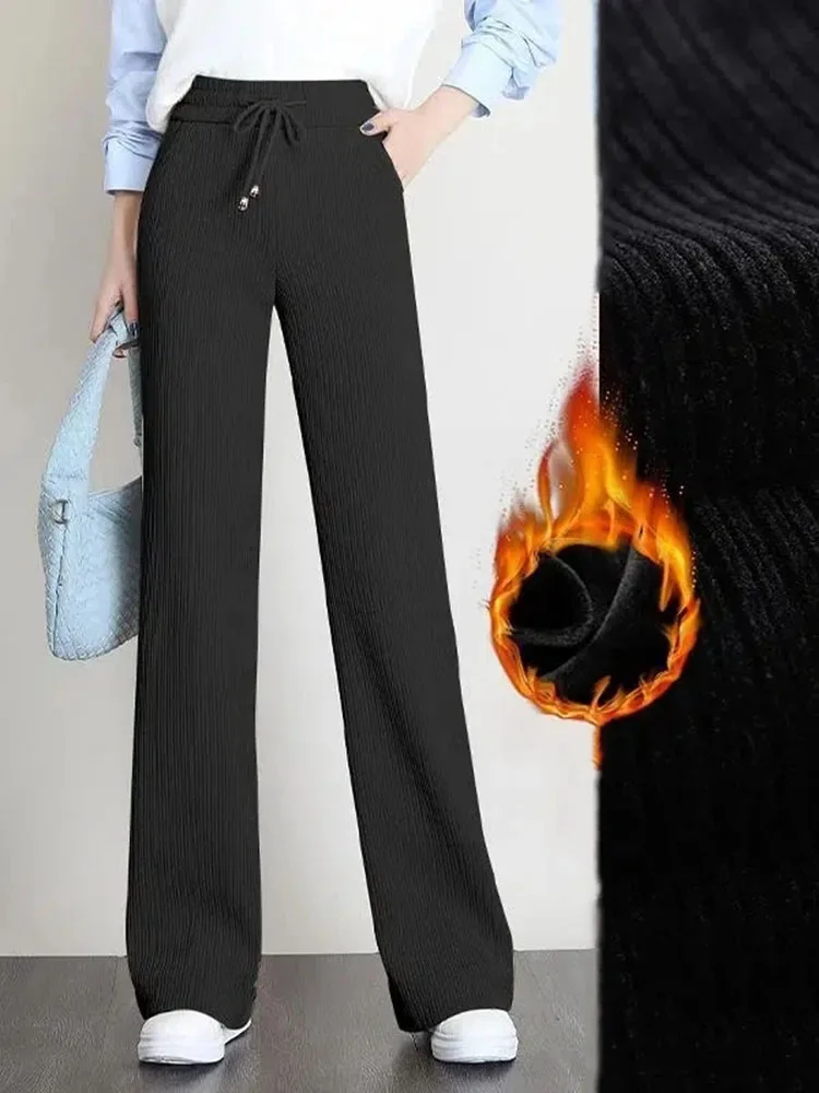 Fall Winter Wide Leg Pants Womens High Waist Plus Velvet Baggy Straight Trousers Casual Korean Fashion Thicken Warm Pantalones