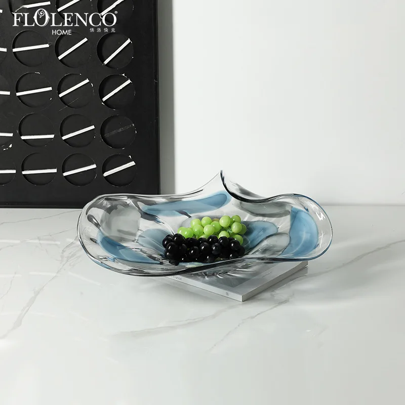 Creative Nordic Modern Colorful Roll-Rim Glass Fruit Platter Tray, Snack Bowl Storage Container for Villa Living Room Decor