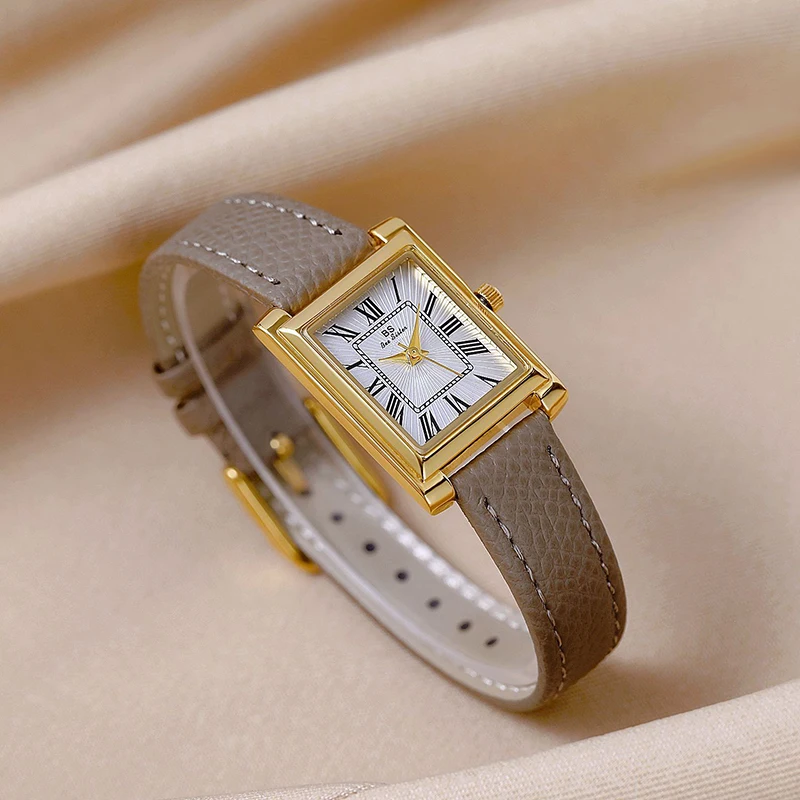 

Легкие роскошные женские часы с квадратным циферблатом, кварцевые наручные часы премиум-класса с серым слоном и кожаным ремешком, классические темпераментные женские часы