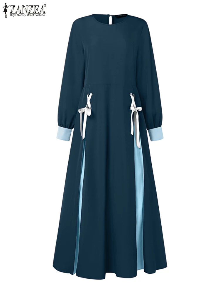 

ZANZEA Modest Long Sleeve Eid Dresses Elegant Contrast-Color Patchwork Women's Muslim Fashion Hijab O-Neck Maxi Abaya Robes