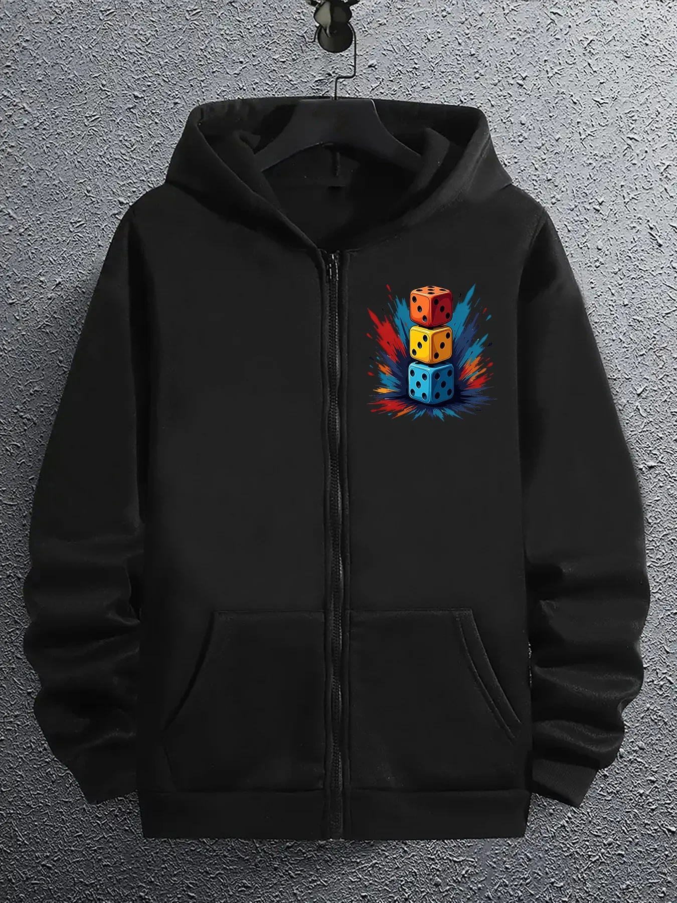 Men's and women's long sleeved loose zipper sweatshirt jacket, multi-color dice pattern print, warm and comfortable fabric
