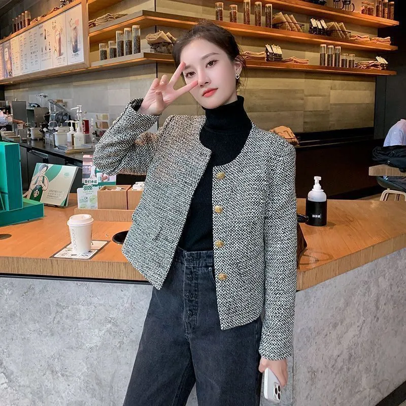 2024 New Spring Autumn Coat Women Fashion Single Breasted Buckle Casual Coarse Tweed Jacket Female Outerwear Top Casaco Feminino