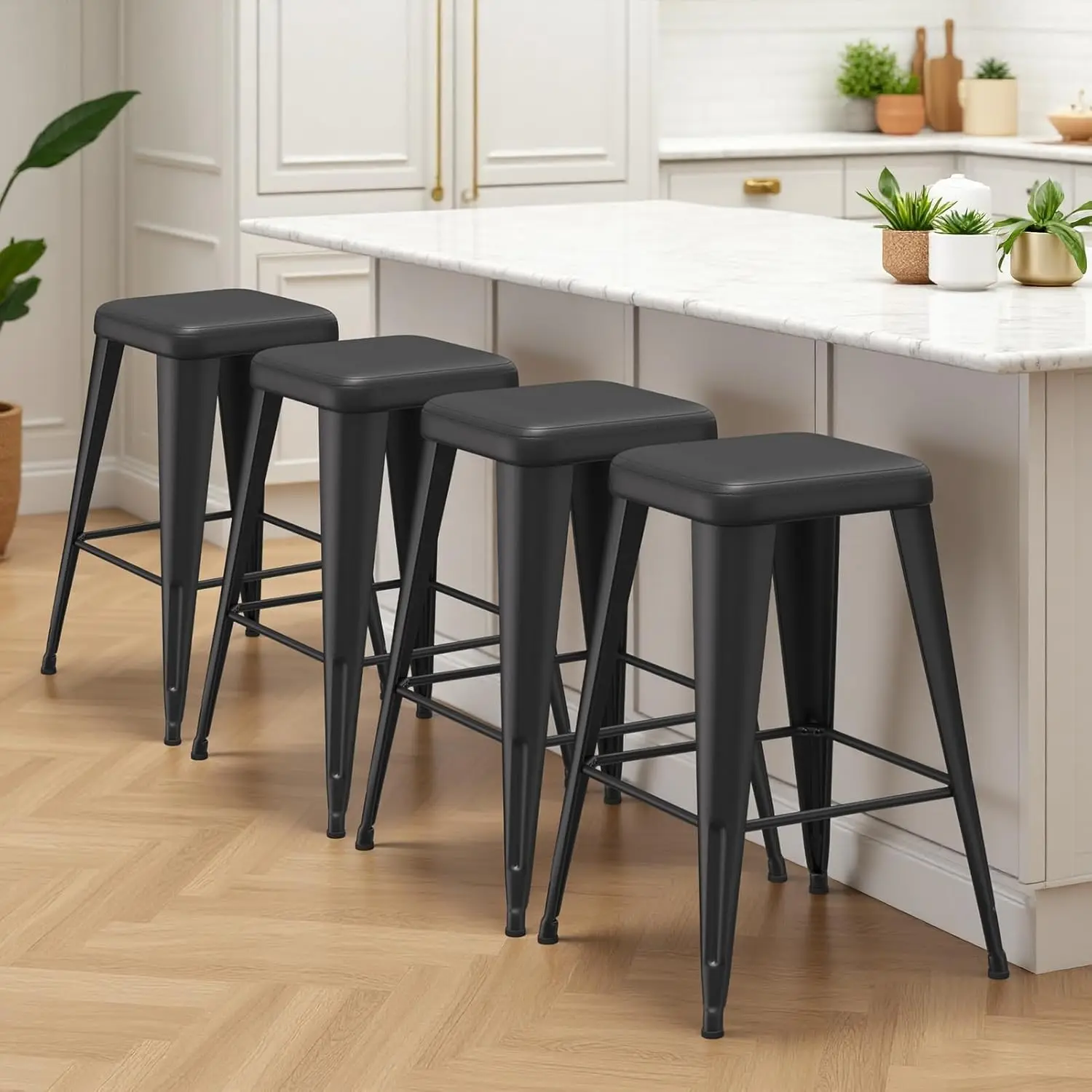 

Upholstered Metal Bar Stools Set of 4 24 Inch Industrial Counter Height with Metal Legs for Kitchen Island , Customized