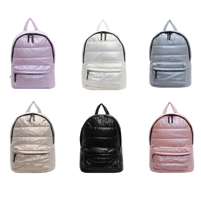 

Fashionable Lightweight Metallic Puffer Backpack for Women Quilted Padded Large Travel School Bag with Spacious Interior