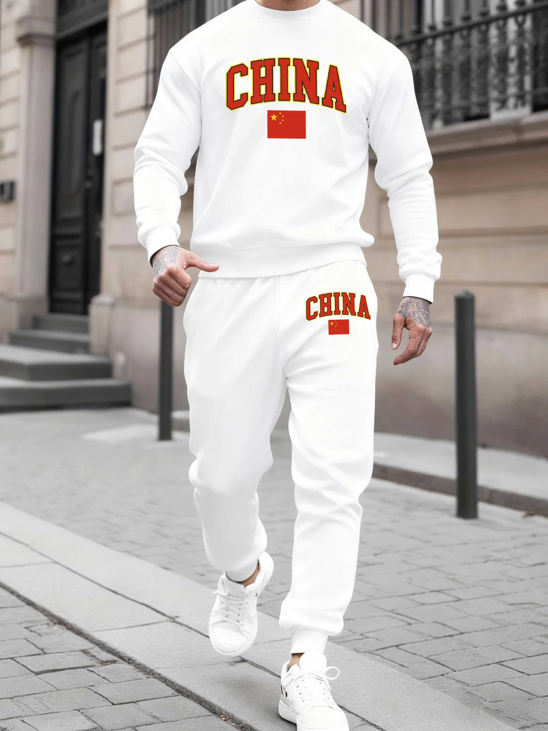 

China Letter National Flag Printing Basics Comfy Men Sportpants Sweatshirts Suits Fleece Jogging Sweatpant Autumn Winter Hoody