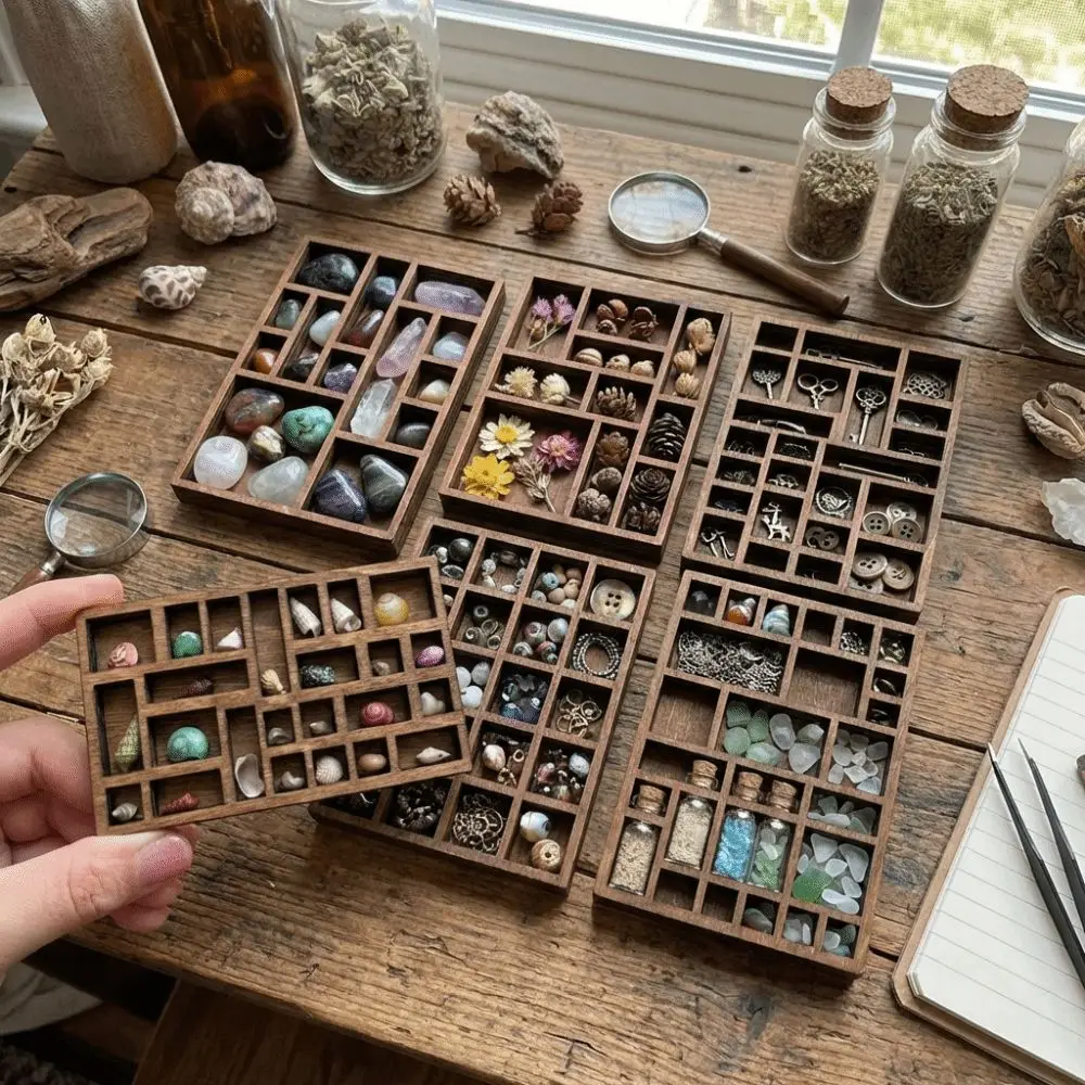 Wooden Mini Jewelry Holder Miniature Crystal Multi Compartments Miniature Trinket Shelf Ore Specimen Storage Dollhouse Shelf