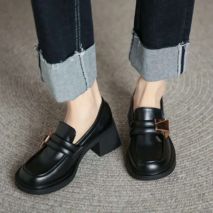 Square Heels Black Fashion Leather Casual Ladies Summer Footwear