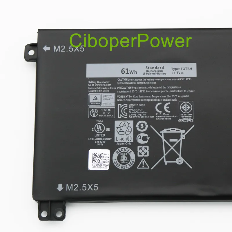 11.1V 61Wh Original Battery For XPS 15 9530 M3800 T0TRM 245RR H76MV 7D1WJ Y758W