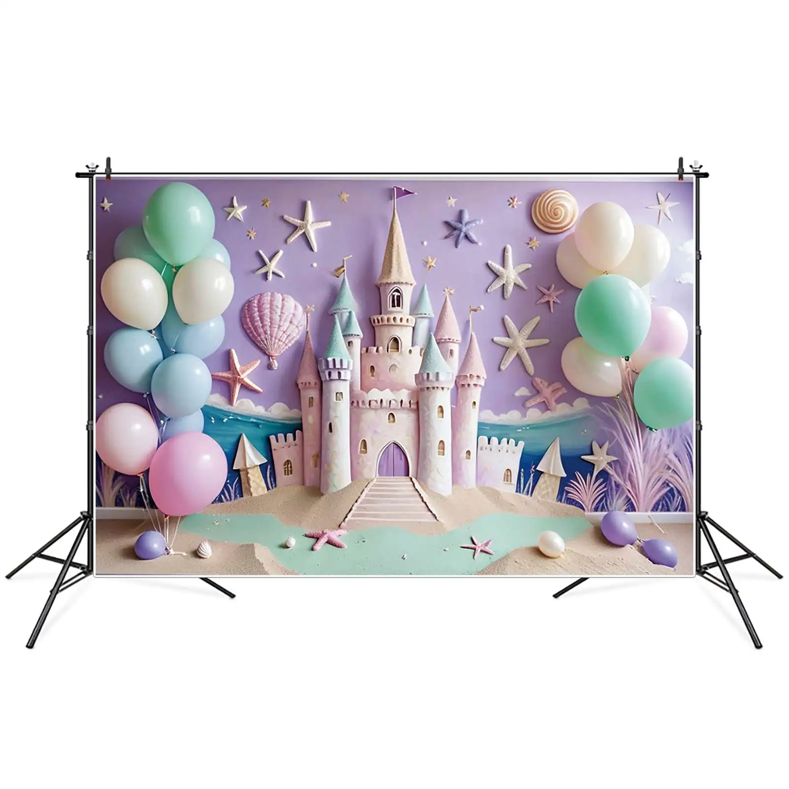 MOON.QG Sand Beach Castle Birthday Year Backgrounds Children Shell Balloon Starfish Backdrop Custom Party Photography Props