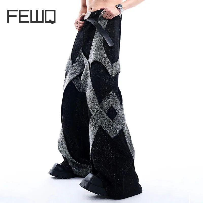 FEWQ Light Luxury Deconstructive Men\'s Casual Pants Korea Fashion 2024 Patchwork Wide Leg Male Trousers Contrast Color