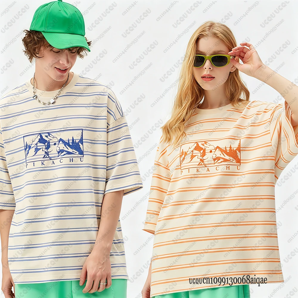 Novedad de verano, camiseta a rayas de Pokémon con dibujos animados para hombres y mujeres, camisetas de Anime Pikachu, ropa informal para parejas con cuello redondo, ropa de calle para hombre