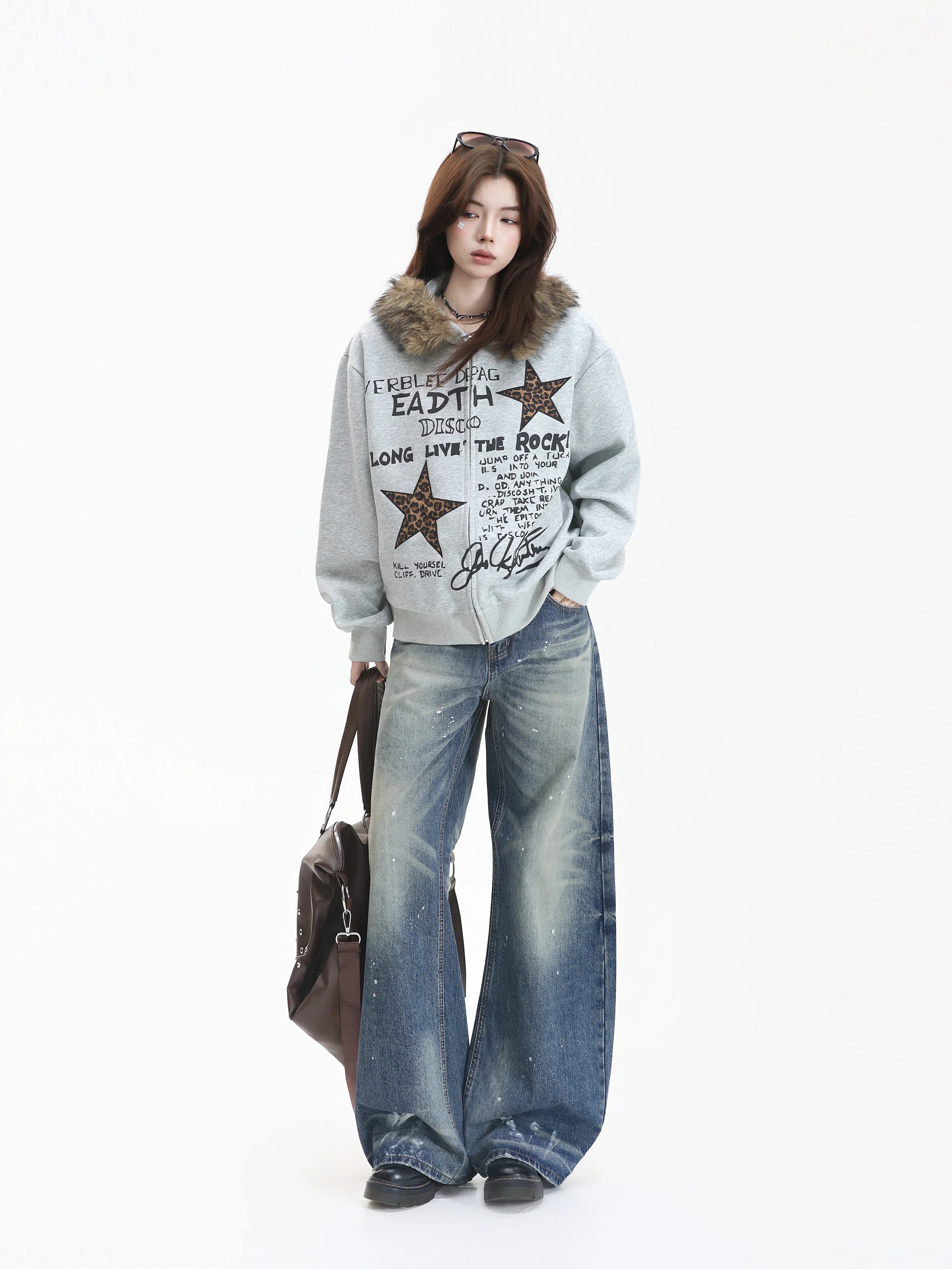 American Style Loose Fit Zipper Hooded Jacket with Fur Collar for Men And Women Retro Patterned Sweatshirt Cardigan
