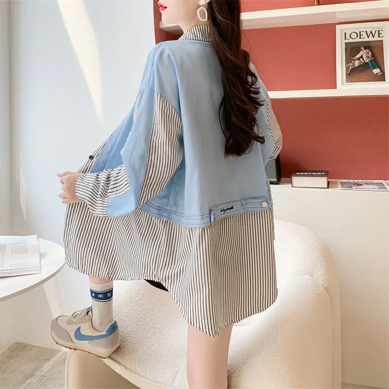 Design Sense Niche Shirt Jacket Women's Spring Autumn New Versatile Lazy wind Fake Two Unique Button Stripes Long Top Shirt Tide