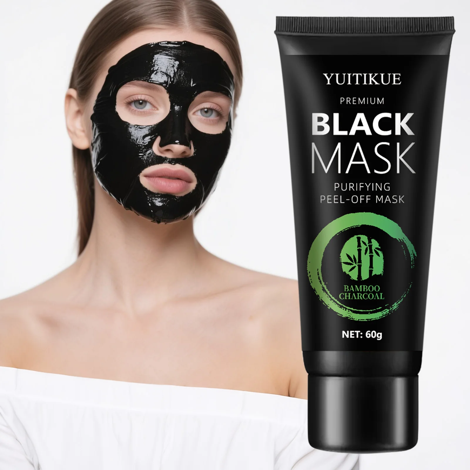 YUITIKUE Black Peel-Off Mask with Bamboo Charcoal, Deep Cleansing, Blackhead Removal, Creamy Texture, Purifying, 60g