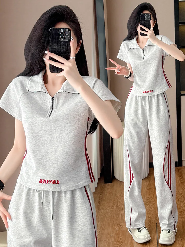 

Летний элегантный комплект из двух предметов для женщин: повседневный спортивный костюм с длинными брюками и коротким рукавом, с отложным воротником